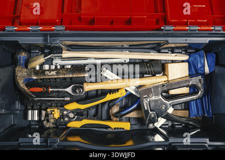 Set of working tools in tool box, top view. Do It Yourself Stock Photo
