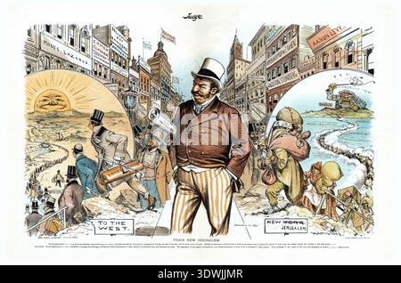 This 1892 political cartoon from Judge magazine, titled "Their New Jerusalem," depicts the journey of Jewish immigrants from persecution out of Russia across the Atlantic Ocean to New York City. The illustration contrasts their initial poverty and suffering with eventual prosperity and integration into American society, highlighting their "Perseverance and Industry." Stock Photo