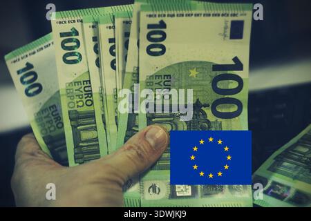 Financial concept background featuring euro banknotes and European symbolism, perfect for articles about inflation, monetary policy, and economic perf Stock Photo