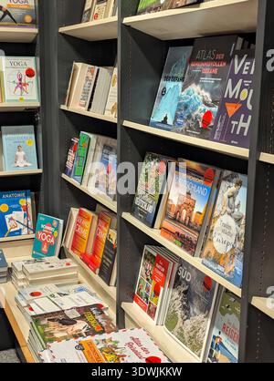 Pforzheim Germany Februar 25, 2026 Shelf Filled With Travel Guidebooks And Destination Photography, Neat Stock Photo