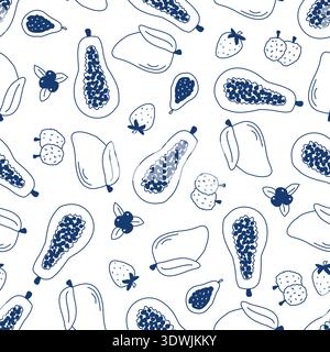Fruit and berry seamless pattern. Outline illustrations of papaya, mango, strawberry, lychee, fig and blueberry on white background. Mediterranean sty Stock Vector