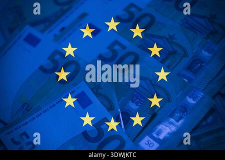 High-impact financial concept featuring euro banknotes and European symbolism, ideal for investment platforms, economic analysis blogs, and fintech ap Stock Photo