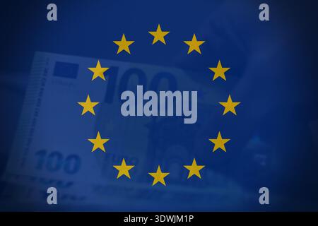 High-resolution business background showing euro bills and the European flag, suitable for corporate presentations, financial marketing, and investmen Stock Photo
