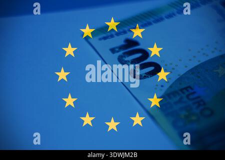 Financial concept background featuring euro banknotes and European symbolism, perfect for articles about inflation, monetary policy, and economic perf Stock Photo