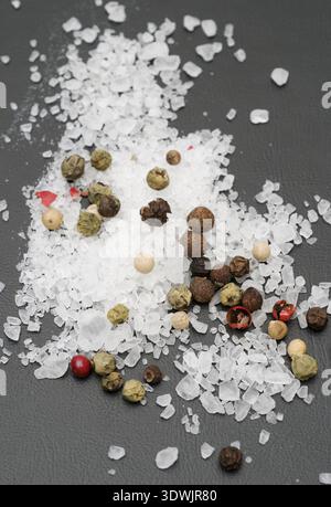 Salt and mixed peppercorns Stock Photo