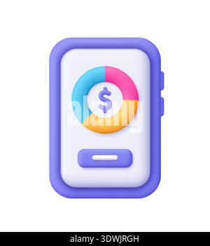 Mobile phone screen with pie chart diagram and purple dollar sign in the center. Finance and business analysis, budget and investment concept. 3d vect Stock Vector