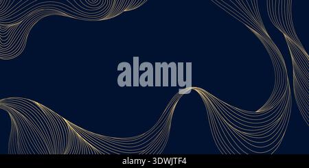 Luxury gold wave line pattern on black background, abstract curves, geometric deco shapes, flowing silk textures. Premium vector illustration Stock Vector