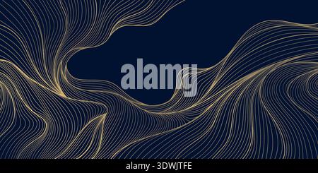 Luxury gold wave line pattern on black background, abstract curves, geometric deco shapes, flowing silk textures. Premium vector illustration Stock Vector