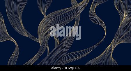 Luxury gold wave line pattern on black background, abstract curves, geometric deco shapes, flowing silk textures. Premium vector illustration Stock Vector