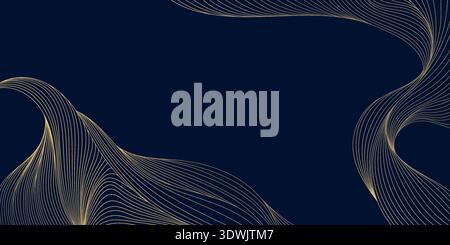 Luxury gold wave line pattern on black background, abstract curves, geometric deco shapes, flowing silk textures. Premium vector illustration Stock Vector