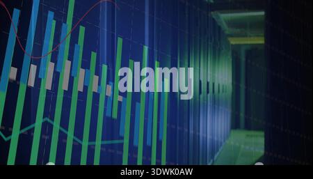 Displaying data chart over server corridor, showing green blue candles, red cyan lines, gridlines Stock Photo