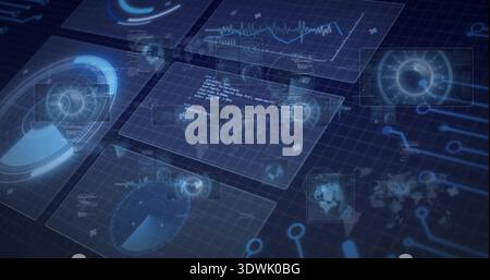 Floating translucent blue panels hovering on dark grid plane, showing radar, charts and code Stock Photo
