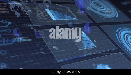 Displaying translucent data panels in 3D dashboard, showing bar charts, globe icons, radar Stock Photo