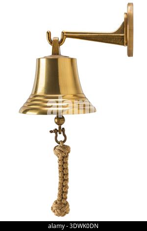 Vintage brass bell used on ships, with knotted rope, hanging on hook, isolated with white background, profile view Stock Photo