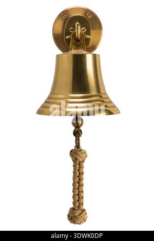 Vintage brass bell used on ships, with knotted rope, hanging on hook, isolated on white background, frontal view Stock Photo