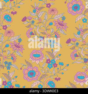 Seamless Jacobean pattern with hand drawn purple flowers and leaves on yellow background. Boho floral repeat wallpaper with indina indian ornament Stock Vector