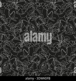 Vintage seamless pattern with hand drawn black and white rose flowers. Boho floral monochrome repeat wallpaper Stock Vector