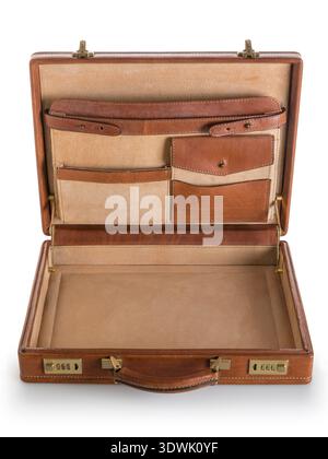 Opened leather briecase isolated on white background Stock Photo