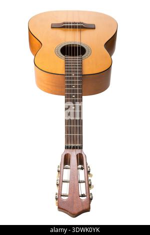 Acoustic six-string guitar isolated on white background perspective view from the headstock Stock Photo