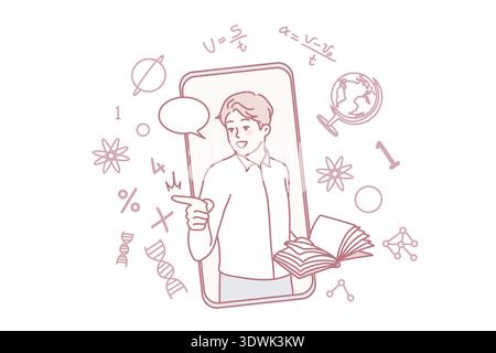 Male teacher holding book having online lesson on cellphone. Smiling confident man tutor teaching students using smartphone internet application. Remote education. Vector illustration. Stock Photo