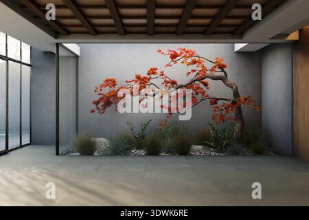 Indoor garden in luxury modern home interior design room. Urban architecture residential building. Japanese maple tree bonsai house landscaping. 3d re Stock Photo