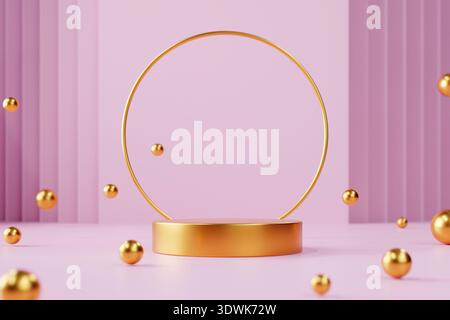 Golden podium on pink background for luxury product showroom. Luxury premium beauty, cosmetic, makeup brand display. Valentine's day, birthday, mother Stock Photo