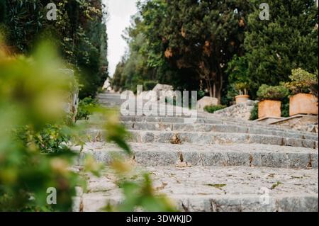 Low angle view of El Calvari steps in Pollença, Mallorca Stock Photo