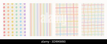 Retro vintage rainbow pride pattern set. Funky wavy psychedelic stripes, plaid and grid backgrounds. Pastel textured LGBTQ queer graphic wallpaper Stock Vector