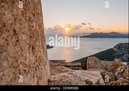 Sunrise over the Bay of Pollença from Talaia d'Albercutx, Mallorca Stock Photo