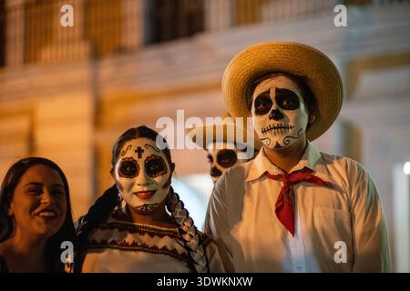 Costumed day of the dead participants on streets in Mexico Stock Photo