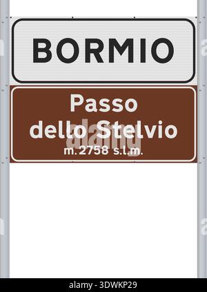 Vector illustration of the Stelvio Pass (Passo dello Stelvio in Italian) and Bormio road signs on metallic posts Stock Vector