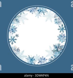 Round frame with watercolor snowflakes. hand drawing. Not AI, Vector illustrations Stock Vector