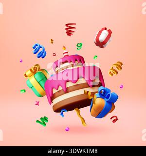 3d cartoon birthday cake with gifts and confetti Stock Vector