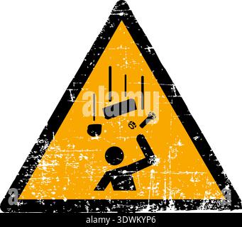 Falling object sign hazard. Caution Signs for falling object hazards. Alert for object conditions. Hazard falling object sign, vector illustration isolaVector illustration of a falling objects hazard sign with a grunge texture. Worn scratched yellow triangle symbol showing items falling on a head isolated on white background. Meets international safety sign standards including ISO 7010 W035 ANSI Z535 OSHA and DIN 4844. Distressed industrial danger emblem for occupational health and construction safety.ted on white background. Stock Vector