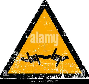 Vector illustration of a barbed wire hazard sign with a grunge texture. Worn scratched yellow triangle symbol showing a hand cut by barbed wire isolated on white background. Meets international safety sign standards including ISO 7010 W033 ANSI Z535 OSHA and DIN 4844. Distressed industrial danger emblem for occupational health and security. Stock Vector