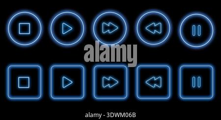 Collection of glowing media player transport buttons isolated on black background. Vector  illustration. Stock Vector