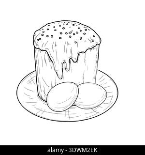 Sweet paska with glaze and eggs, on a plate, hand-drawn sketch. Vector illustration. Sweet flour pastry, Easter cake isolated on a white background. H Stock Vector