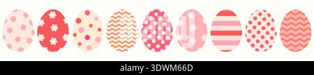 Pink Vector Easter Eggs Set, Decorated Egg Shapes with Dots, Stripes and Flowers for Holiday Cards and Designs Stock Vector
