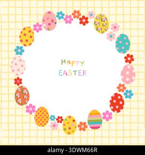 Cute Easter eggs and flower colorful vector frame, floral wreath with painted eggs for spring banners and greeting cards Stock Vector
