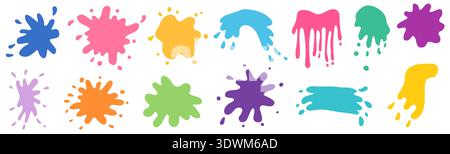 Colorful vector set with paint splash splatter shapes in flat style. Ink blots, stains and drips for packaging, graphic design. Stock Vector