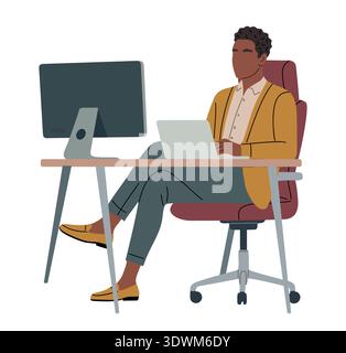 African American man working on a laptop at a desk Stock Vector