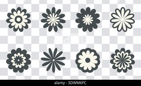 Simple flower silhouettes, isolated icon elements and Checkered seamless pattern background Set. Hand drawn doodle cartoon 70s style design collection Stock Vector