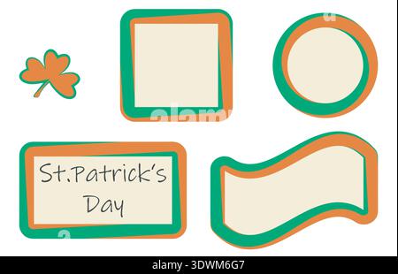 Decorative frame set. Irish tricolour Celtic decor kit, Patricks Day festive decor border collection, circle, square, triangle rectangle shapes for Stock Vector
