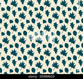 Simple autumn leaf silhouettes seamless pattern. Hand drawn ink brush doodle design, cute falling leaves, oak maple aspen leaf black colour shapes Stock Vector