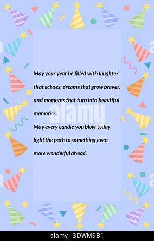 A festive birthday card featuring colorful party hats pattern and a meaningful inspirational quote for celebration and joy on a soft blue background Stock Vector