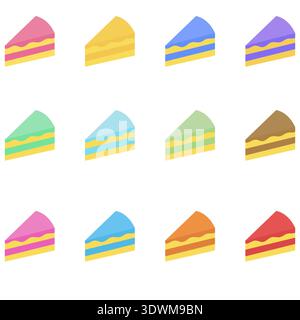Collection of colorful cake slices in flat vector style. Ideal for bakery menus, birthday cards, cafe branding, and sweet treat patterns. Clean, simpl Stock Vector