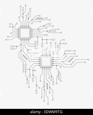 Circuit board digital abstract elements. Computer motherboard with a AI chip, processor, and semiconductors. Technology background. Stock Vector