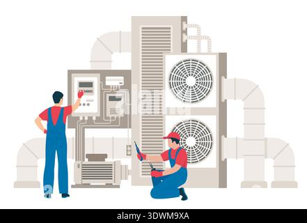 Industrial HVAC system maintenance and repair. Engineers inspecting air conditioners and ventilation units. Heating, cooling, and climate control tech Stock Vector