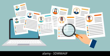 Employer hand holding magnifying glass and reviewing candidates' resumes on a laptop. Recruitment concept. Сhoosing resume of new employees Stock Vector