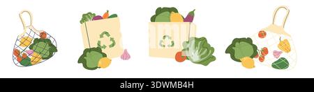 Eco bags and grocery bags vector set in cartoon flat style. Eco friendly concept for shopping with recycle symbols. Vegetables in green bags in compos Stock Vector